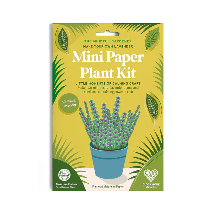 A yellow and black packaging for a mini paper plant kit. The packaging features a picture of a lavender plant with product information.