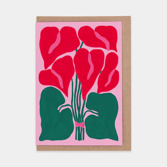 Greetings card featuring bold and colourful illustration of laceleaf flowers with brown envelopes
