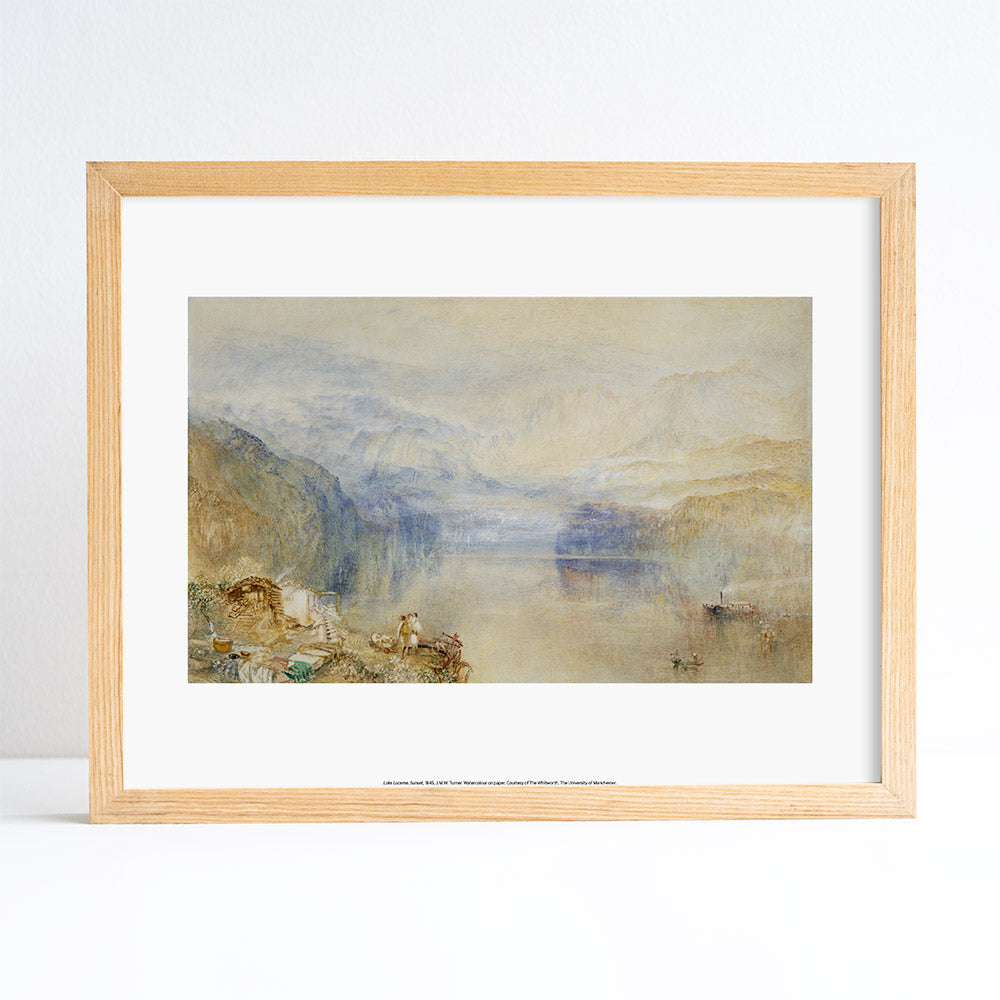 Framed artwork of a landscape with mountains and a river on a white background