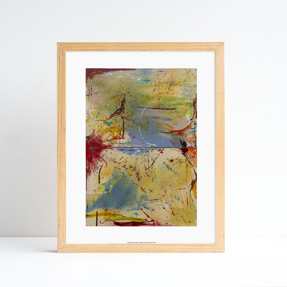 Framed abstract print with a wooden frame on a white background
