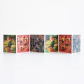 Set of perforated postcards with colourful abstract designs against white backdrop