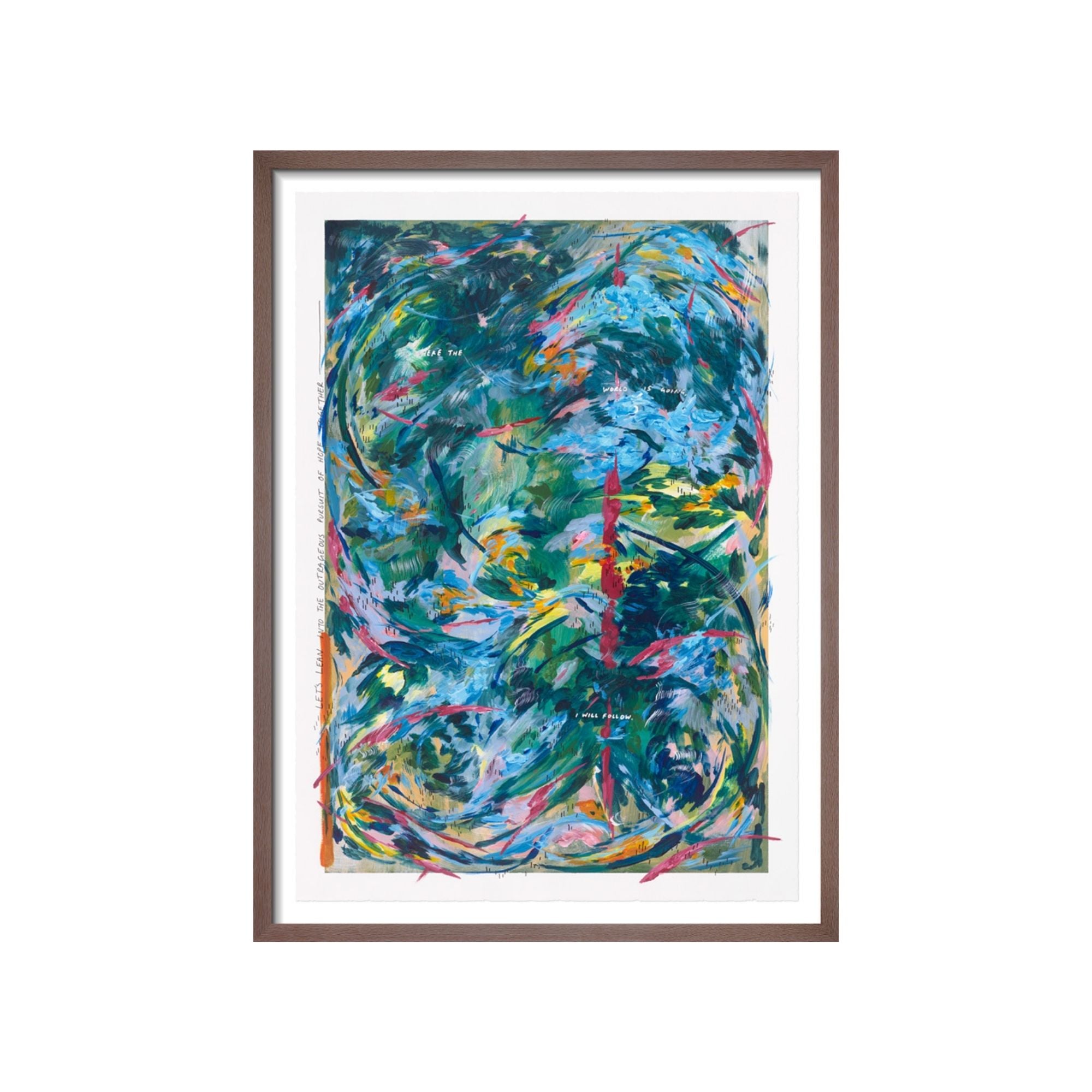 An abstract framed painting featuring swirling, expressive brushstrokes in shades of blue, green, teal, yellow, pink, and white, shown  in a dark brown frame against a solid white background.