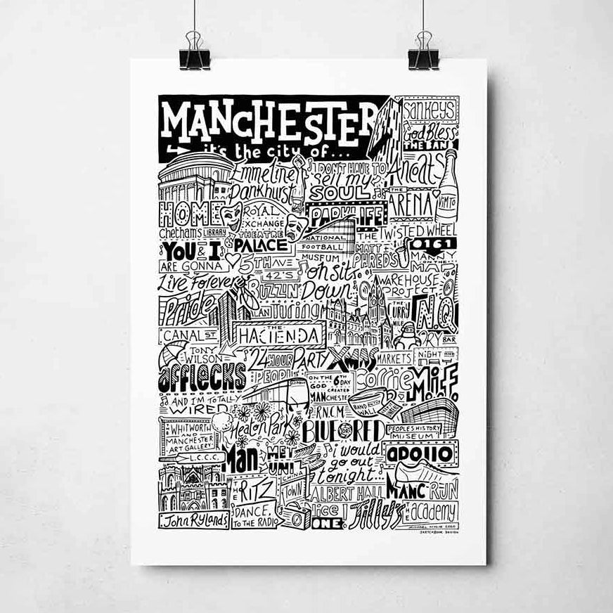 A black and white illustration celebrating Manchester's cultural landmarks and music scene, featuring iconic venues, band names, and local references.