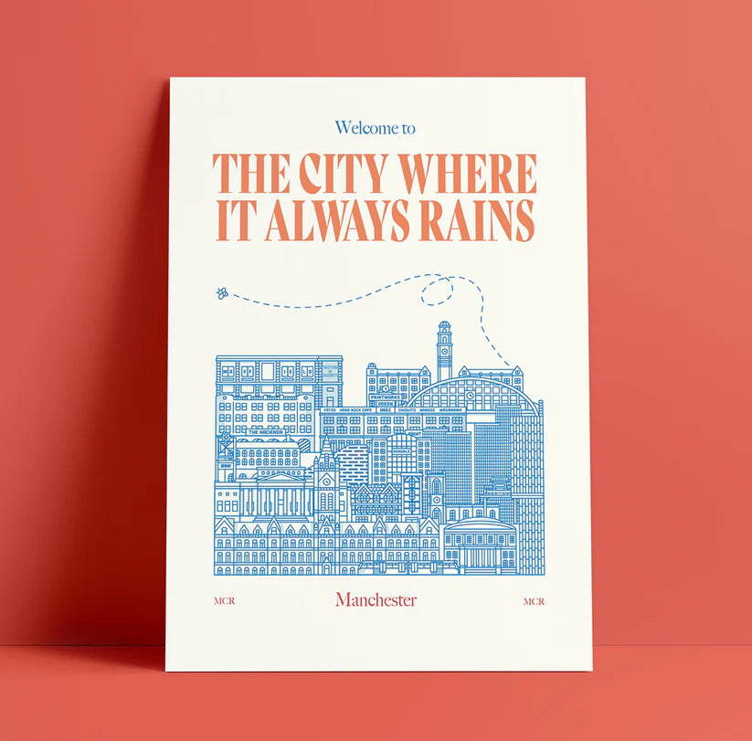 The image is a minimalist, black-line illustration of the Manchester skyline.  It includes some of the city's most iconic buildings, such as the Beetham Tower, the Manchester Town Hall, and the Bridgewater Hall.