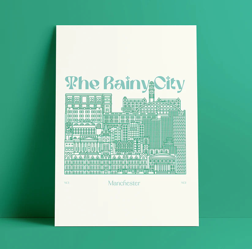 Green line illustration of the Manchester skyline, including iconic buildings like the Beetham Tower and Manchester Town Hall.