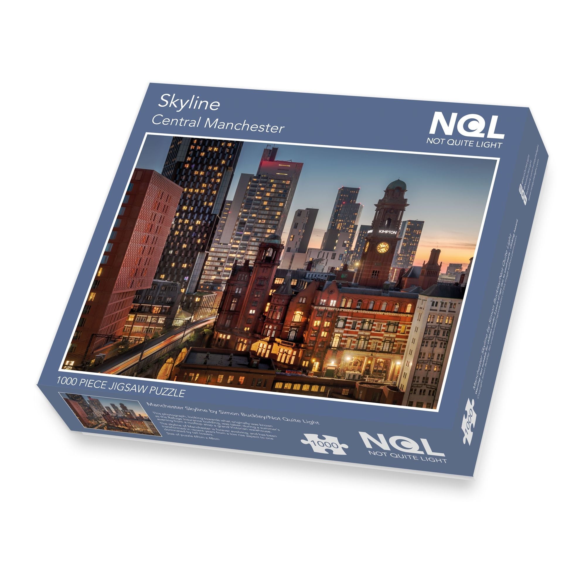 Jigsaw box featuring an image of a Manchester Skyline seen at a slight angle with the lower right corner slanted towards the viewer.