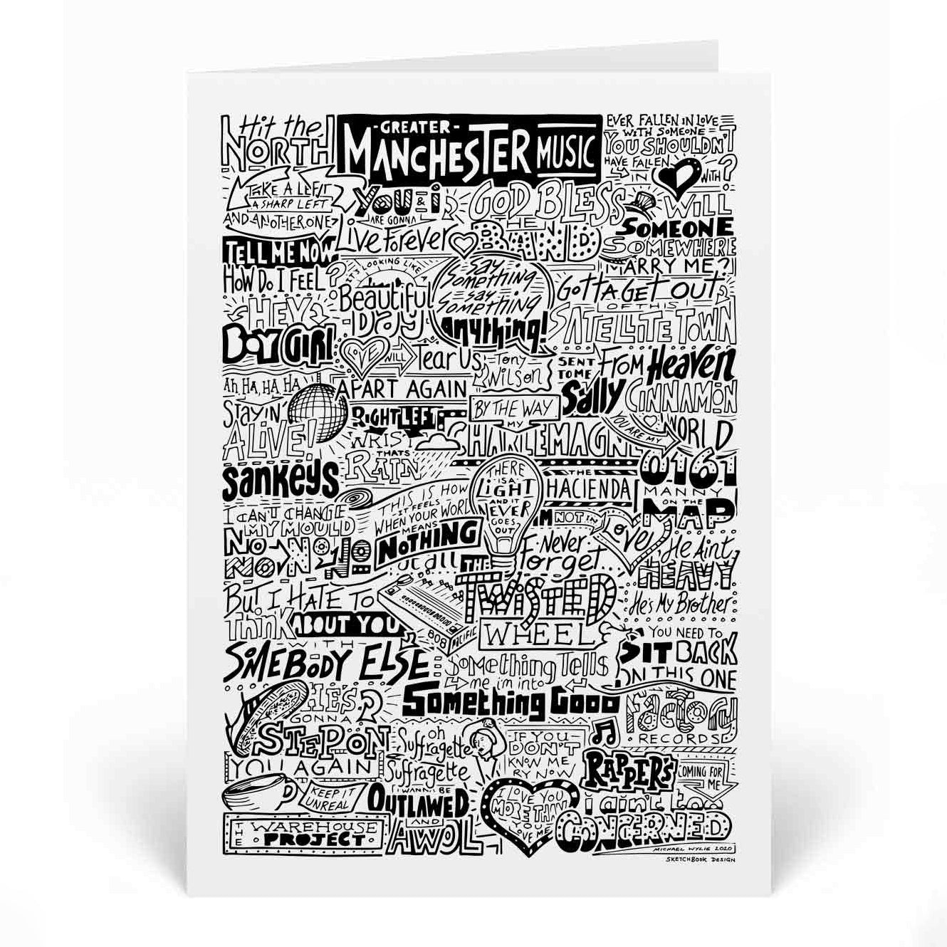 A greetings card with black and white illustration featuring a dense collage of Manchester music references, including band names, song titles, and iconic lyrics. The design evokes the energy and creativity of the Manchester music scene.