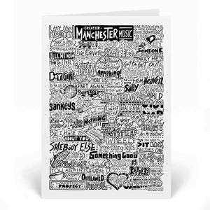 A greetings card with black and white illustration featuring a dense collage of Manchester music references, including band names, song titles, and iconic lyrics. The design evokes the energy and creativity of the Manchester music scene.