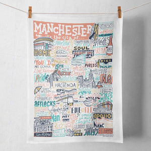 Tea towel featuring colourful illustrations of Manchester Landmarks.
