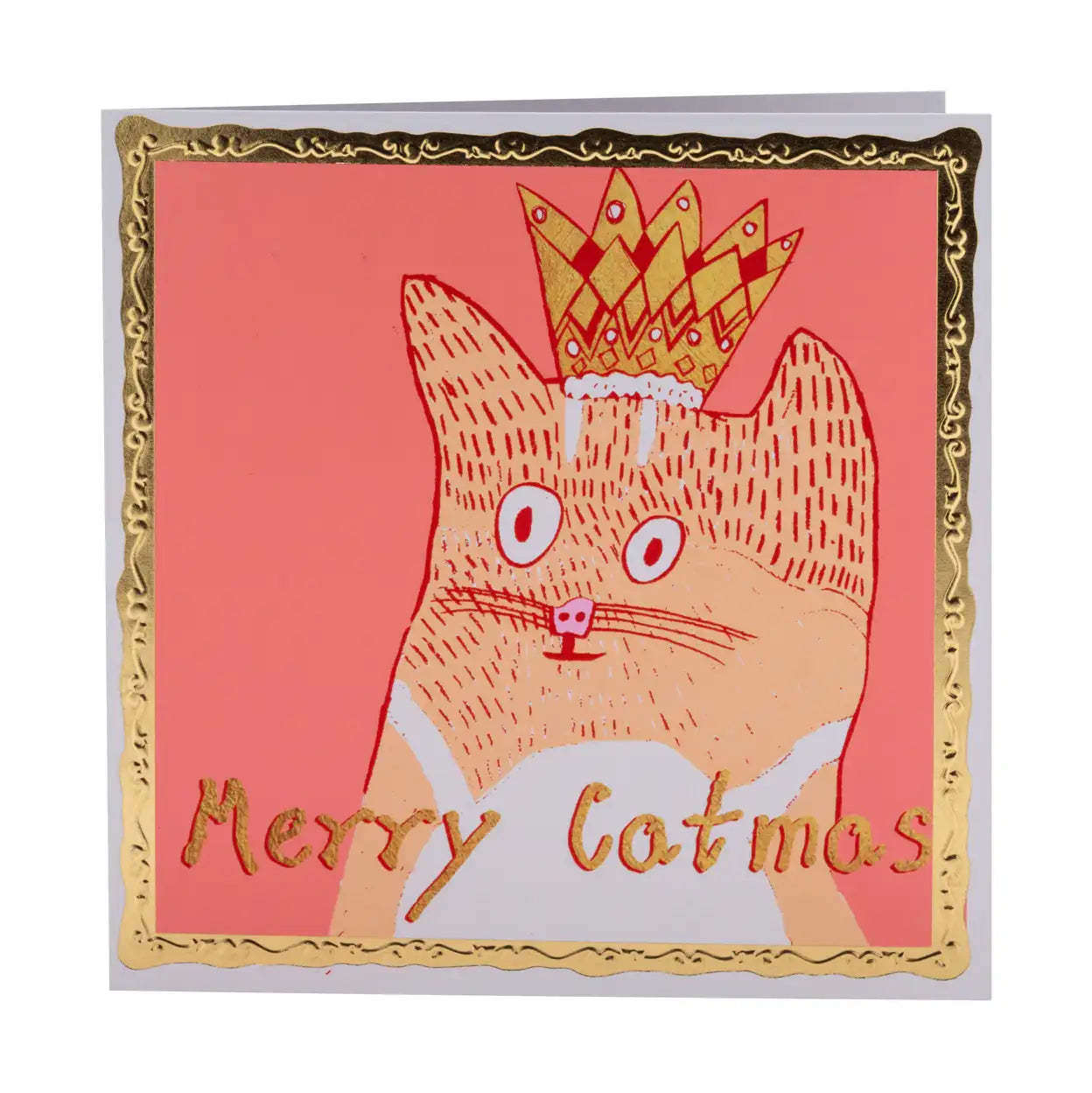 Greetings card, white envelope. Orange-pink front with a cat drawn in red. The cat wears a small crown with gold on it and text, merry catmas.