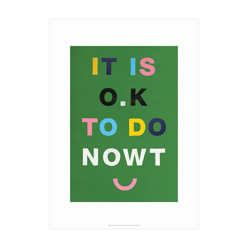 Artwork by Mikesian studio. Green background with colourful typography.
