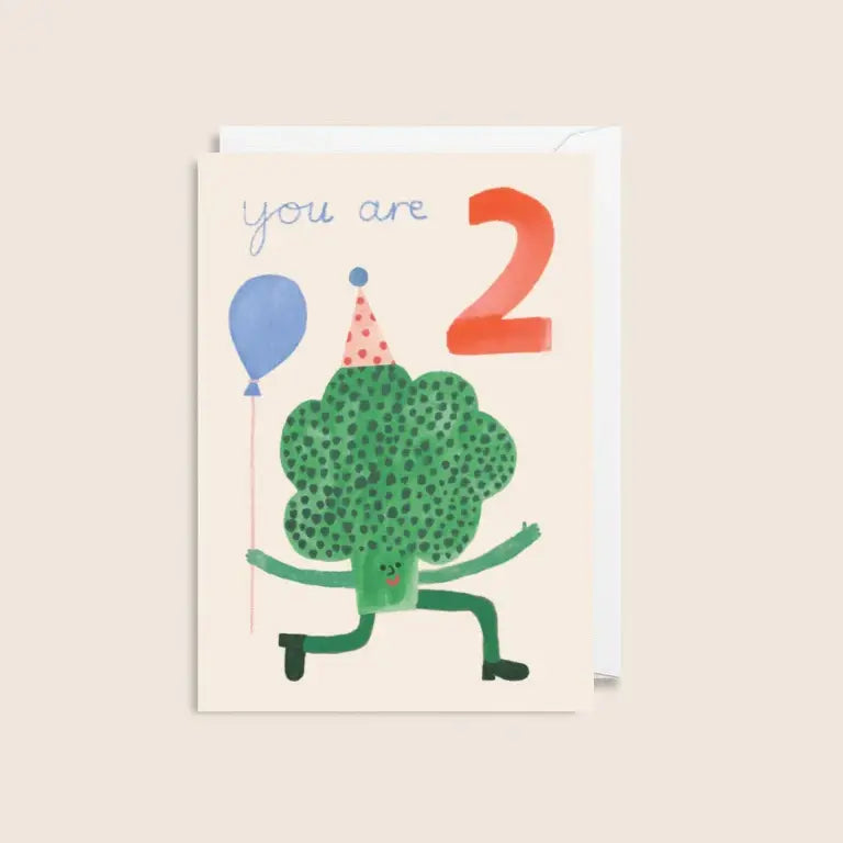 Kids 2nd birthday card with a cartoon broccoli character holding a baloon.