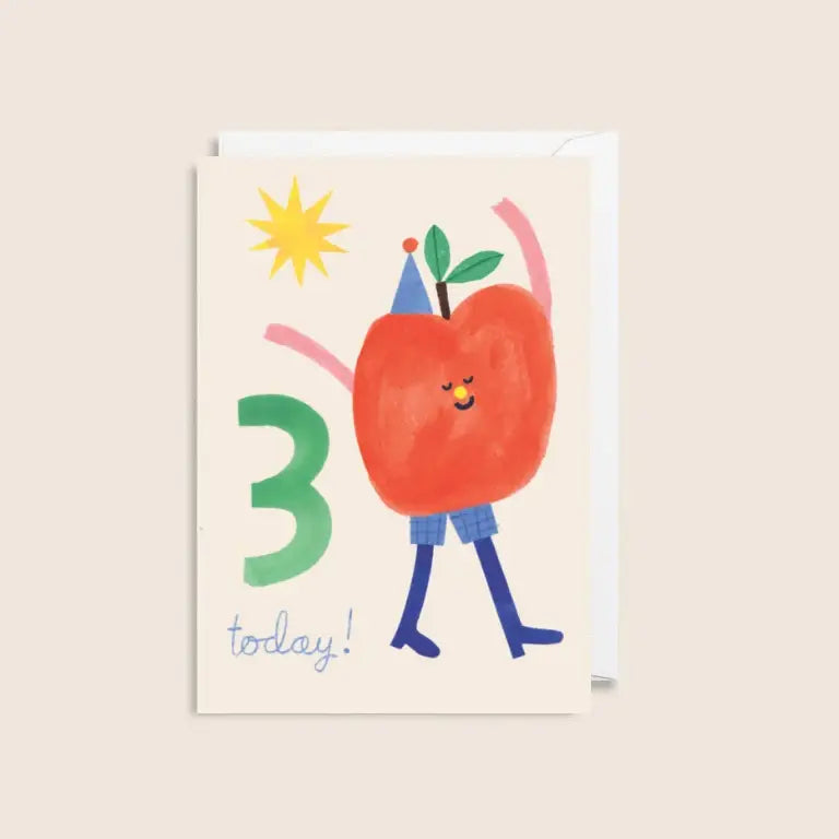 Kids greetings card with illustration of a dancing apple with a smiling face