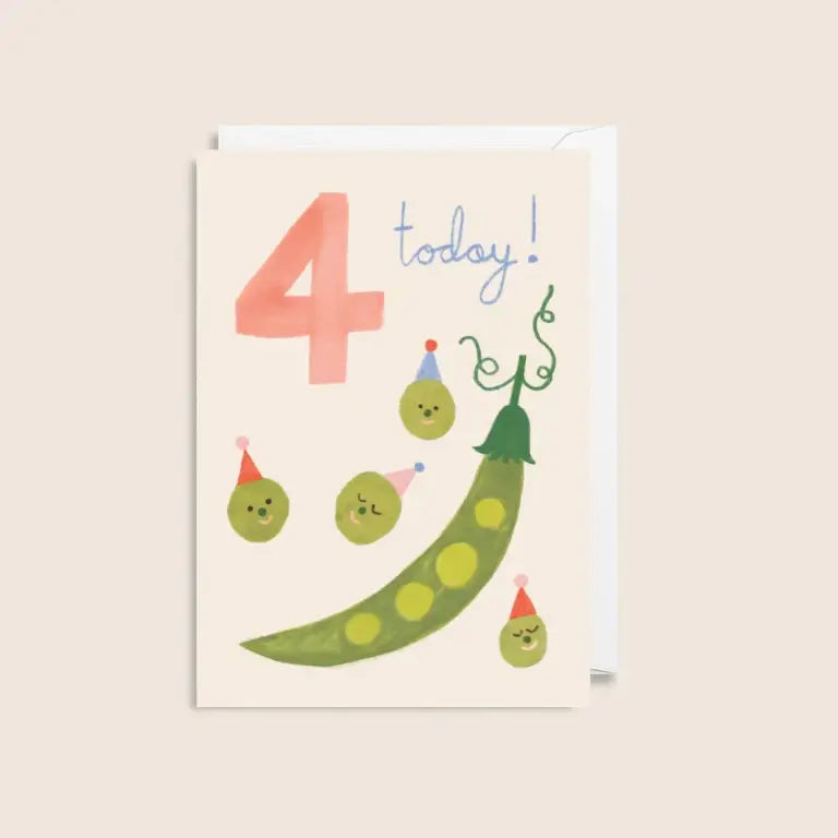 Children's birthday card with a green pea pod and small characters, celebrating '4 today!' on a beige background.