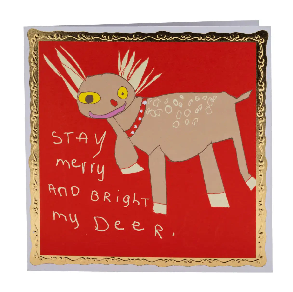 A greetings card against white background. The card has a drawing of a raindeer against red background.