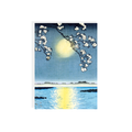 Greetings card and white envelope. Greetings card features woodblock print artwork of a river