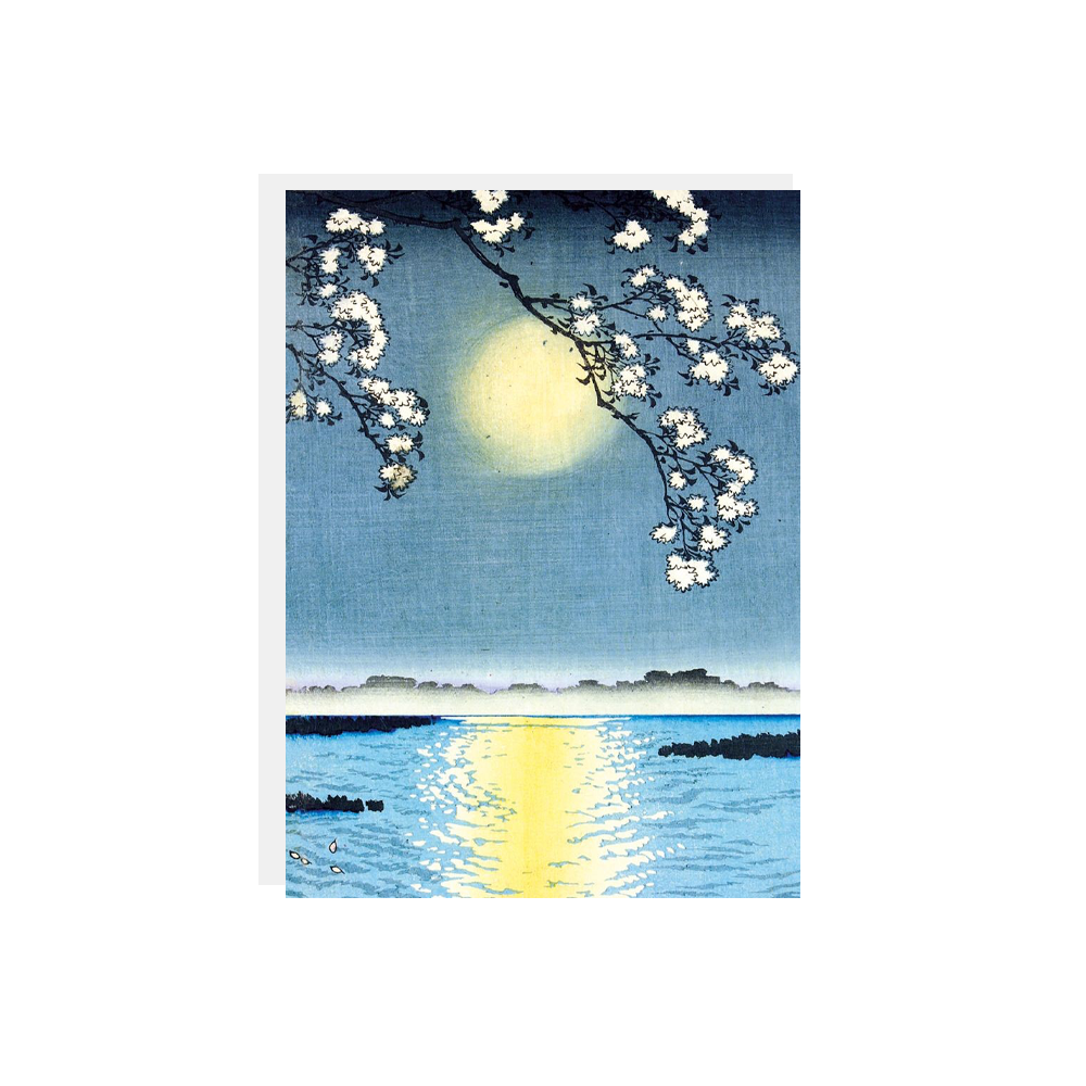 Greetings card and white envelope. Greetings card features woodblock print artwork of a river