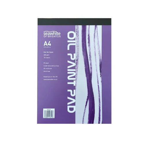 Oil paint pad with purple cover and product information