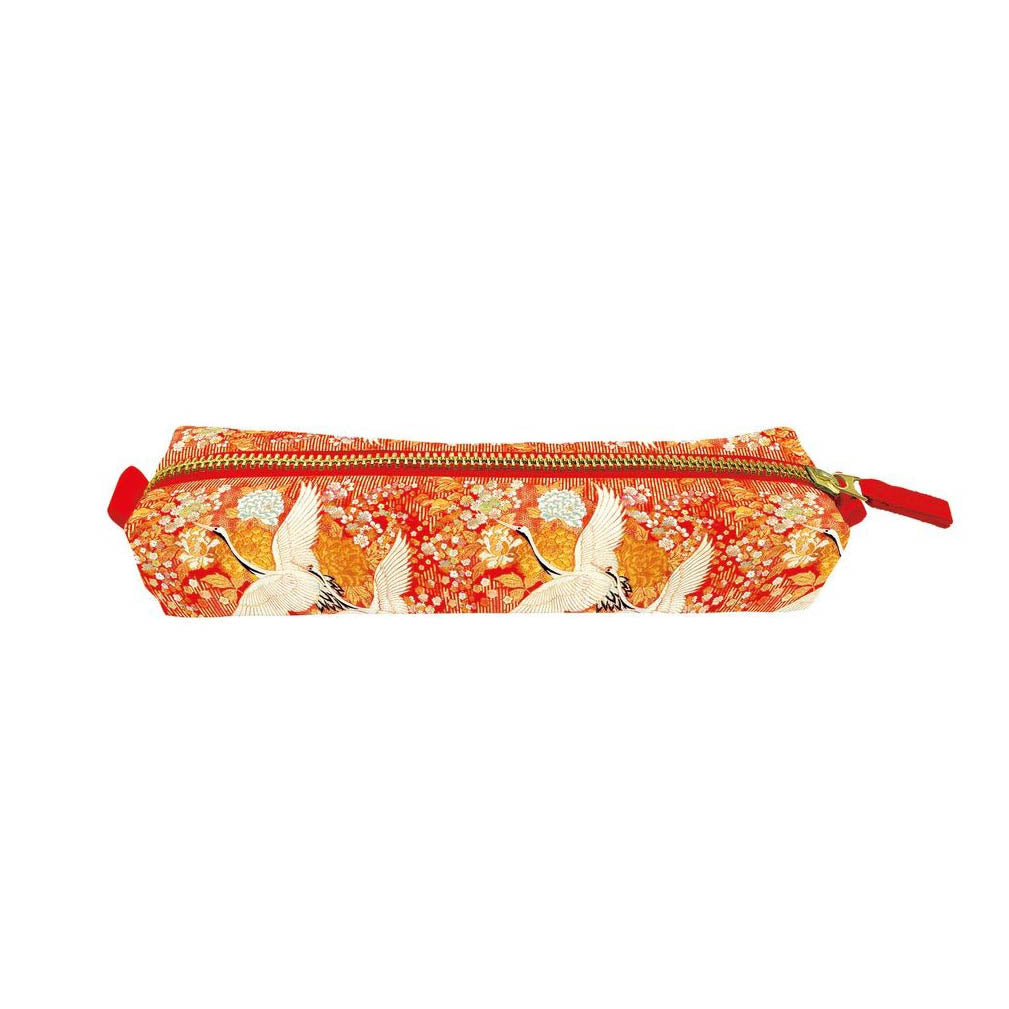 THin pencil case featuring an orange red pattern of Cranes and flowers