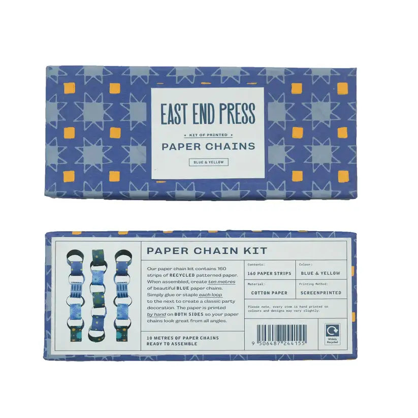 A photo of the front and back of a packaging box for a paper chain kit. The kit contains 160 strips of recycled patterned paper in blue and yellow. 