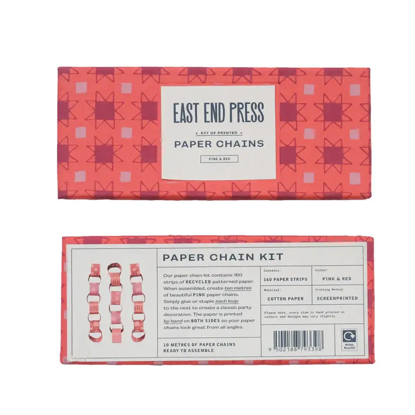 A photo of the front and back of a packaging box for a paper chain kit. The kit contains 160 strips of recycled patterned paper in pink and red.