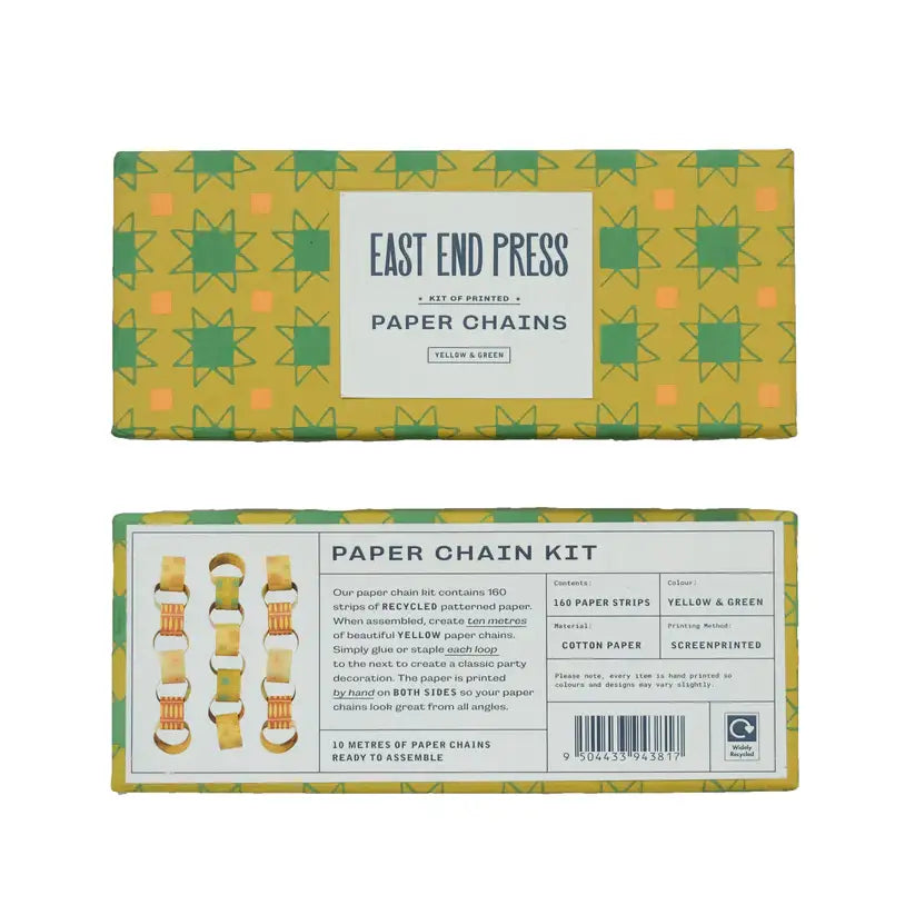 A photo of the front and back of a packaging box for a paper chain kit. The kit contains 160 strips of recycled patterned paper in yellow and green.