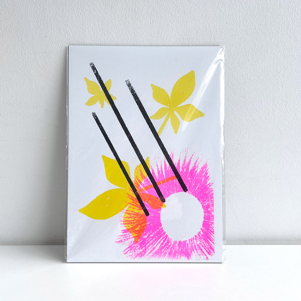Abstract art print with pink and yellow flowers against a white backdrop