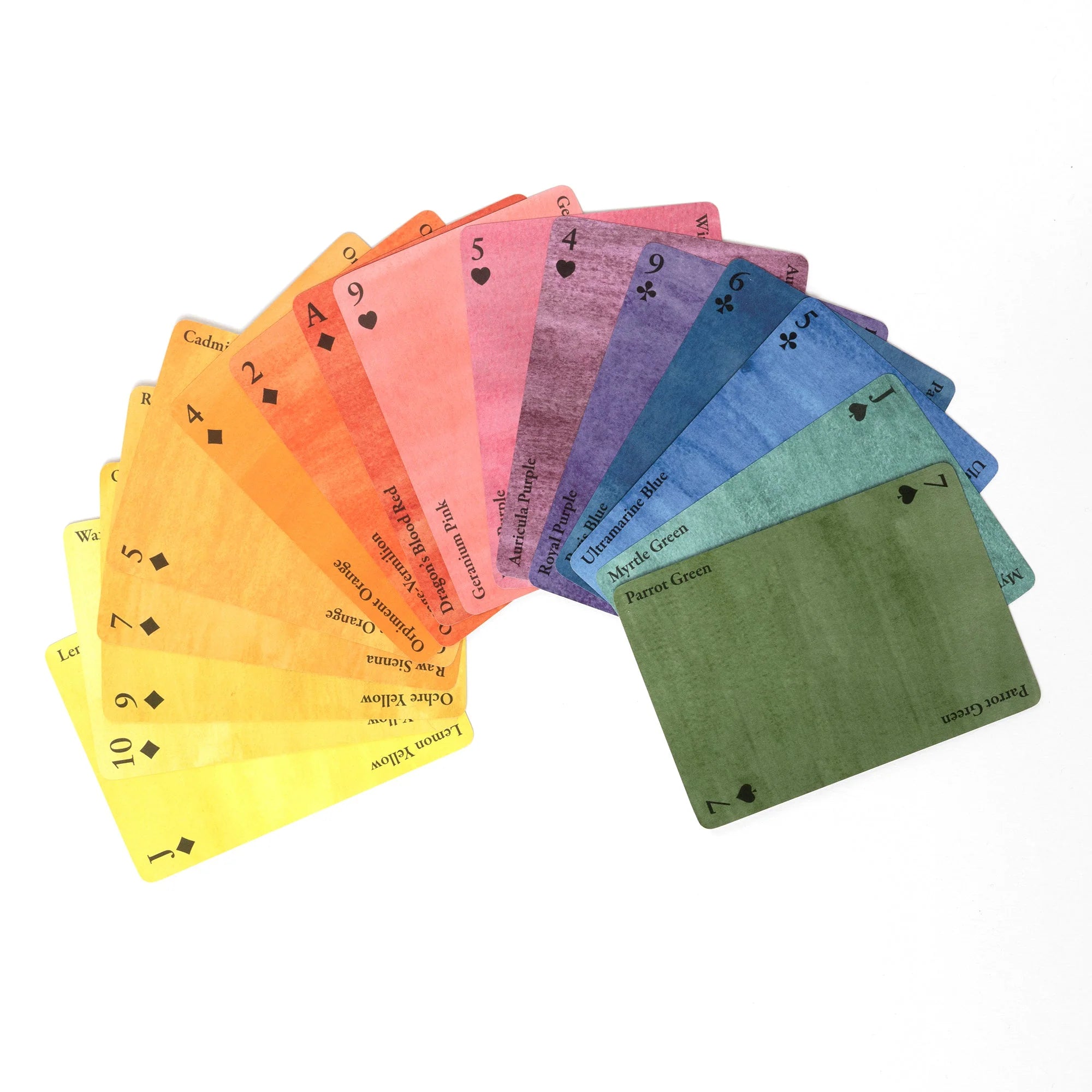A deck of playing cards laid out in a fan, showing the various colours and names associated with each card. The colours range from red to orange, yellow, green, blue, and purple, with names like Vermilion, Lemon Yellow, Myrtle Green, and Ultramarine Blue.