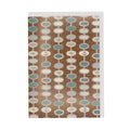 Greetings card with brown, blue, grey and white repeat pattern by Lucienne Day.