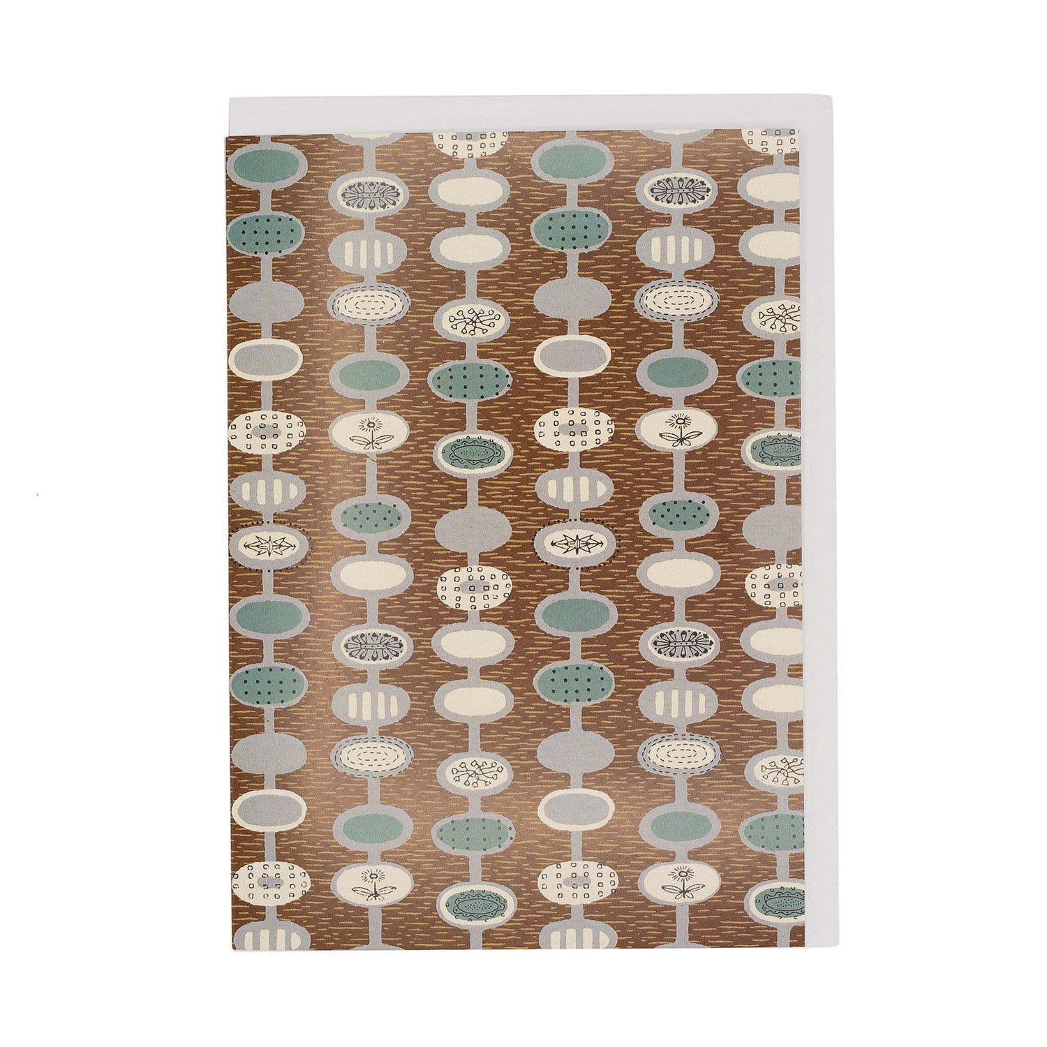 Greetings card with brown, blue, grey and white repeat pattern by Lucienne Day.