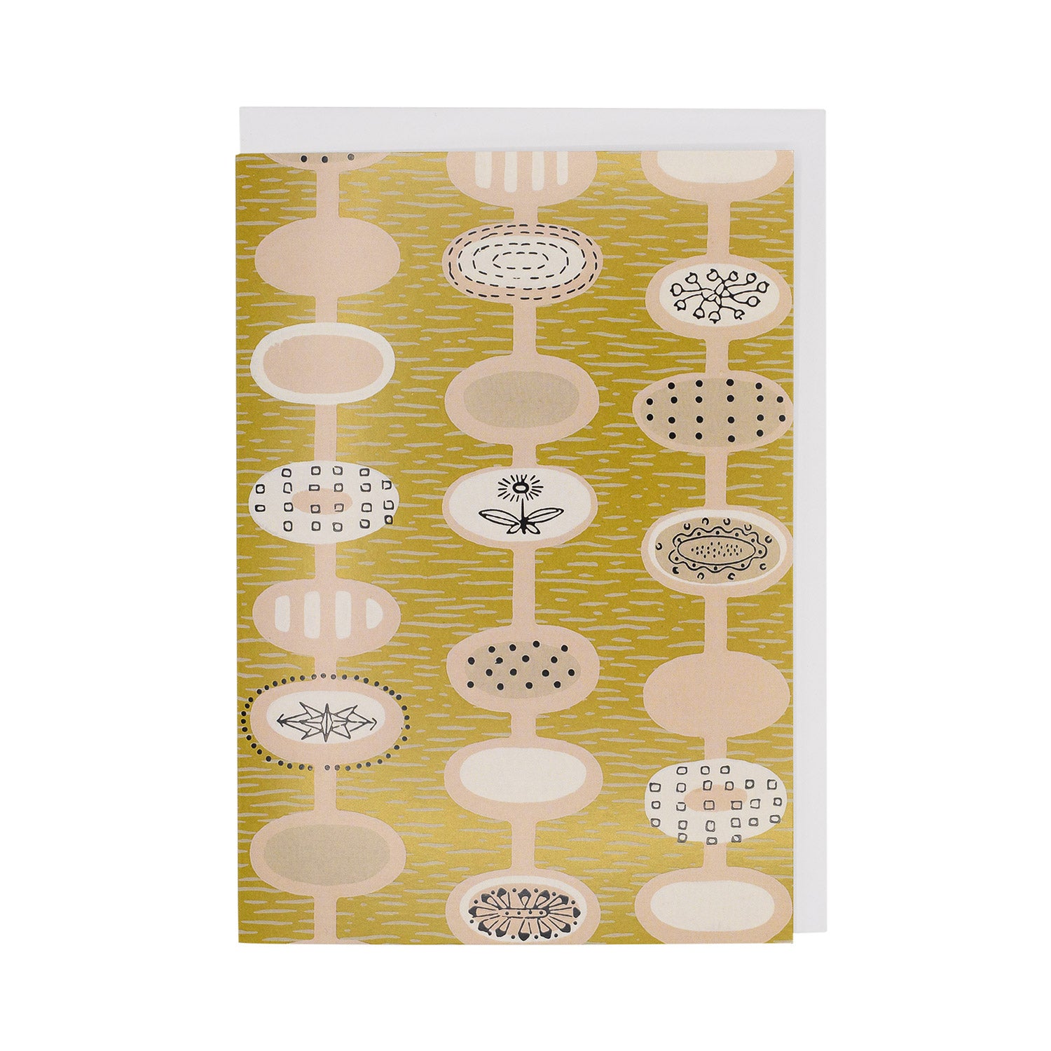 Greetings card with yellow, pink and white repeat pattern by Lucienne Day.