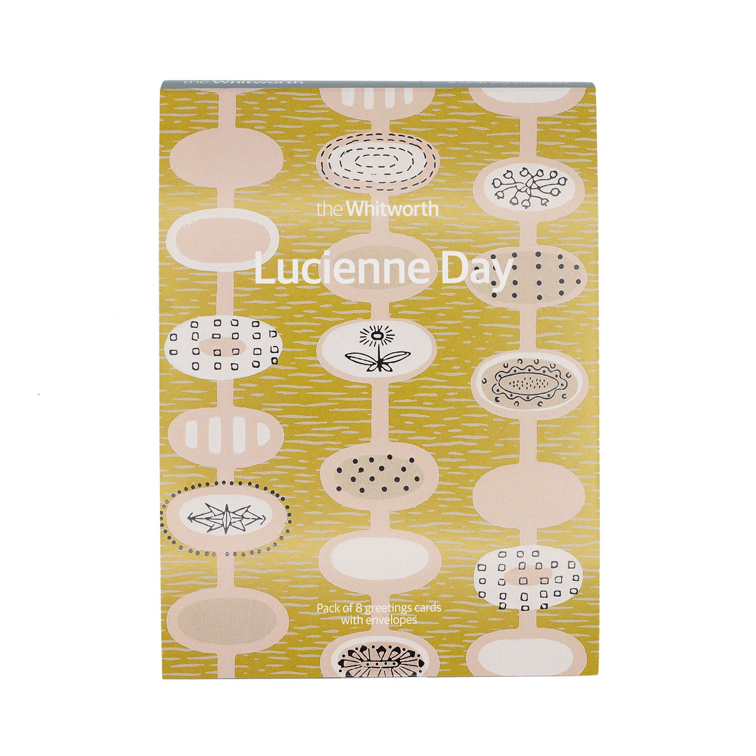 Front cover of set of greetings cards featuring a yellow, pink and white repeat pattern design by Lucienne Day
