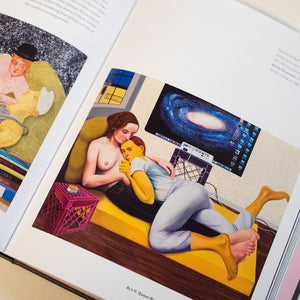 Inside page of Queer Art book with a painting of two people lying on a sofa