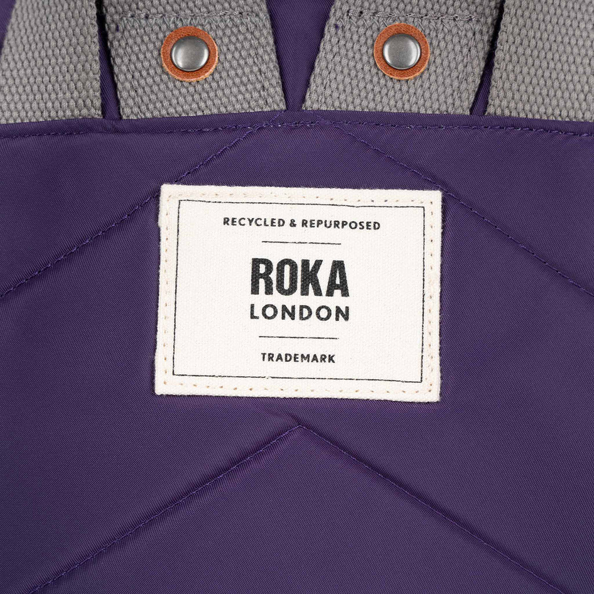 Close up of ROKA London logo on a bag.