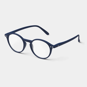 Navy blue reading glasses against white background