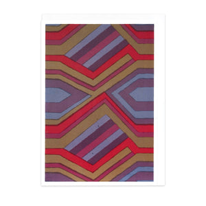 Greetings card with white envelope, featuring red and purple geometric design by Shirley Craven