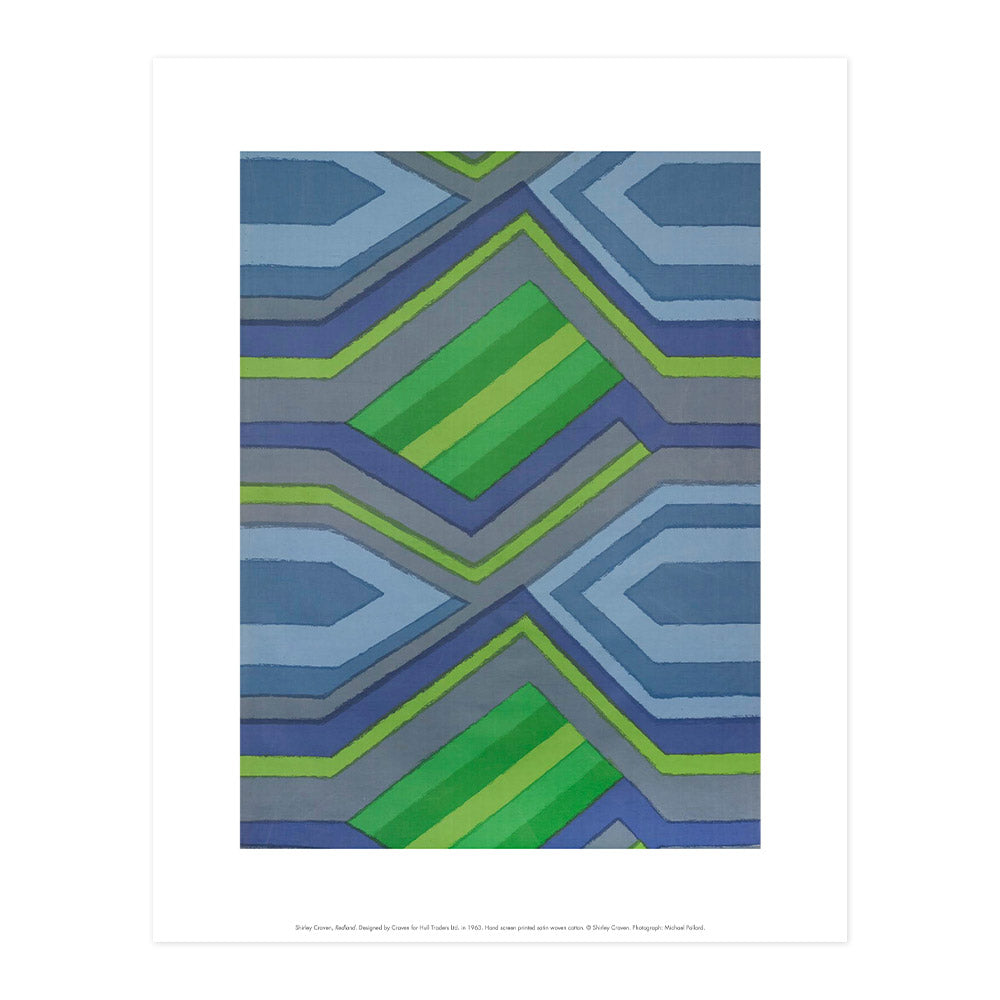 Reproduction of a green and blue geometric textiles piece by Shirley Craven, in print format with a white border.