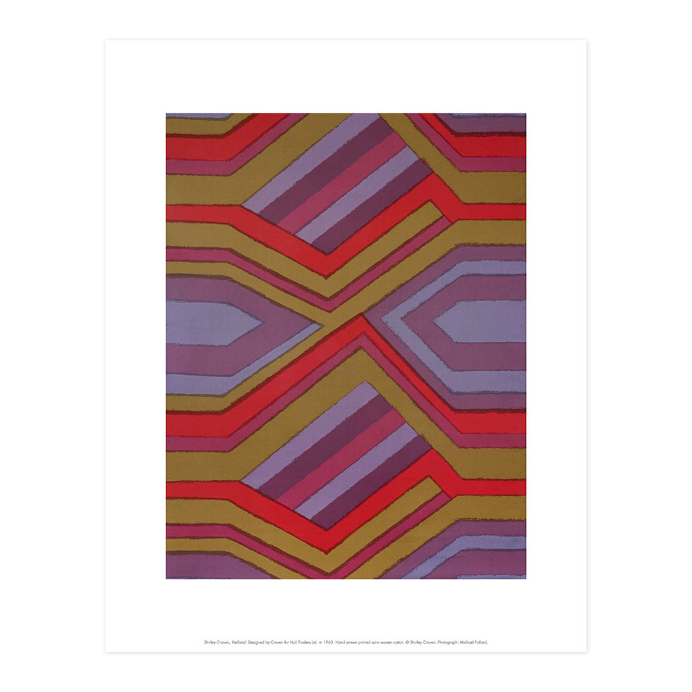 Reproduction of a red, orange and purple geometric textiles piece by Shirley Craven, in print format with a white border.