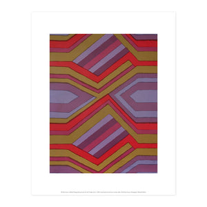 Reproduction of a red, orange and purple geometric textiles piece by Shirley Craven, in print format with a white border.