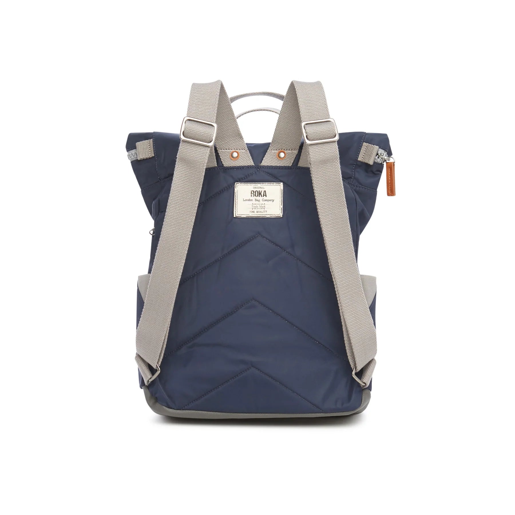 Navy Blue rucksack by ROKA photographed from the back with white background.