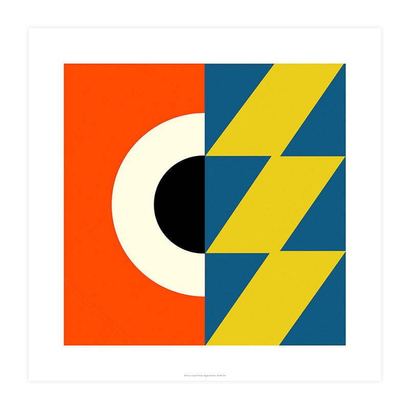 Square geometric digital illustration by Ruth Tuck, in red, white, black, blue and yellow.