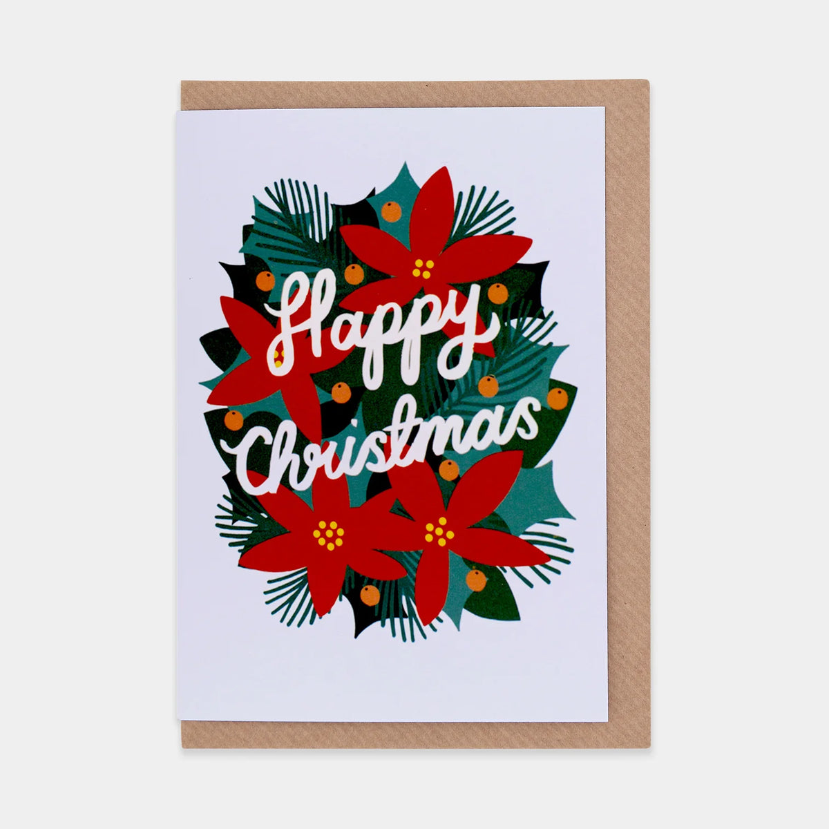 Christmas card with happy christmas at the centre, and festive foliage surrounding the text