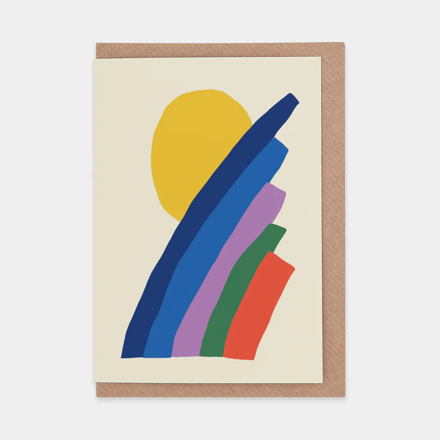 Greetings card featuring abstract rainbow and sun design. Cream background, brown envelope