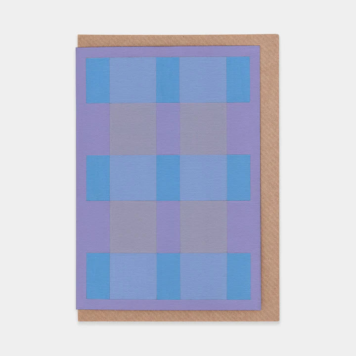 Greetings card featuring abstract purple and blue check design. Brown envelope.