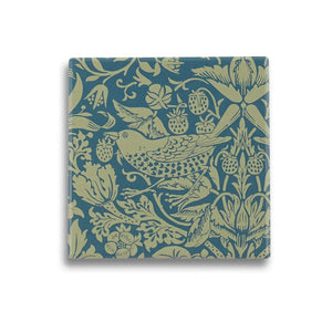 Square coaster featuring a blue and green William Morris design with a bird at the centre