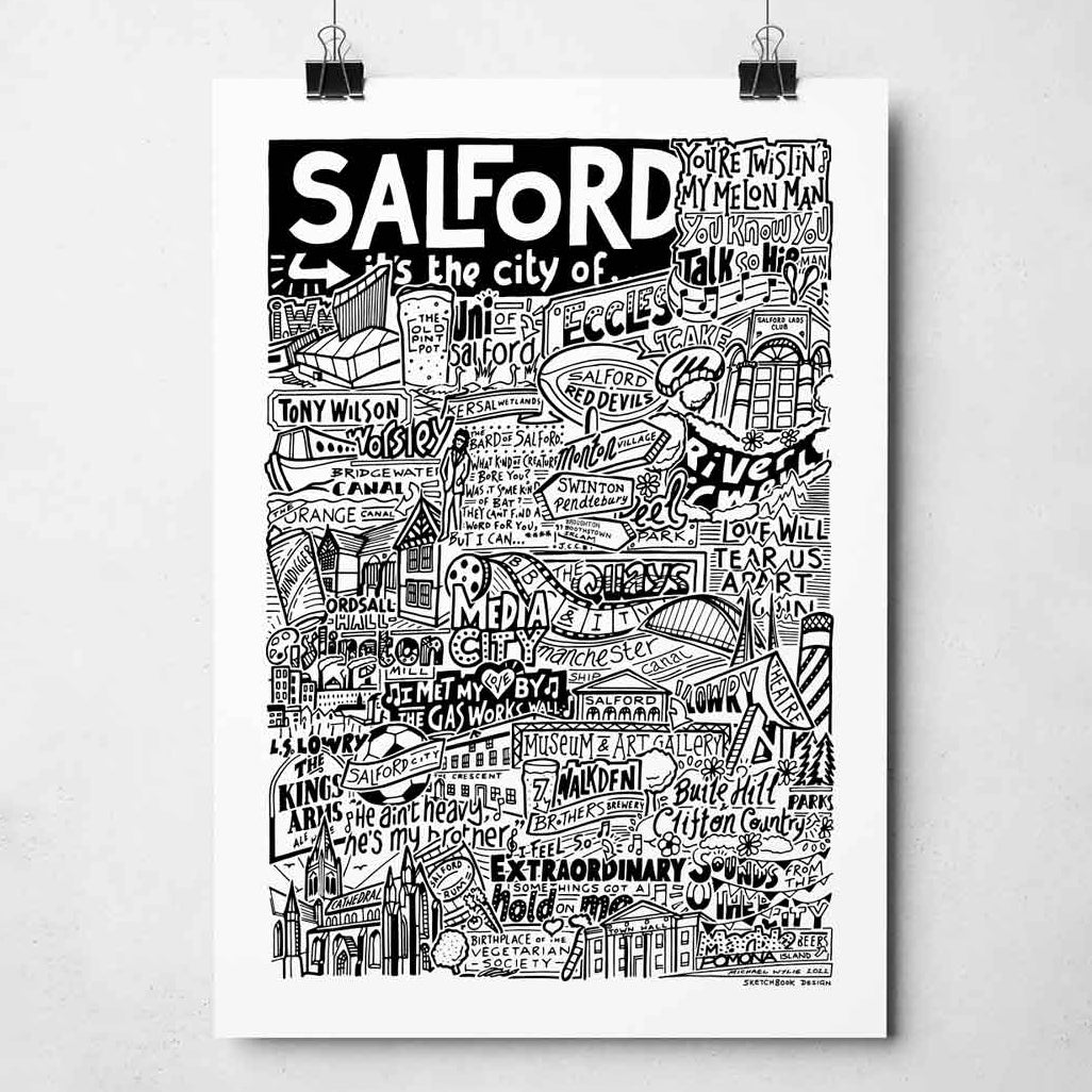 A black and white illustration celebrating Salford's cultural landmarks and music scene, featuring iconic venues, band names, and local references.