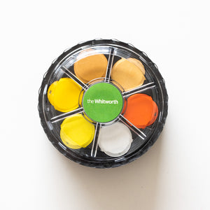 Watercolour disk set photographed from above with a green Whitworth label.