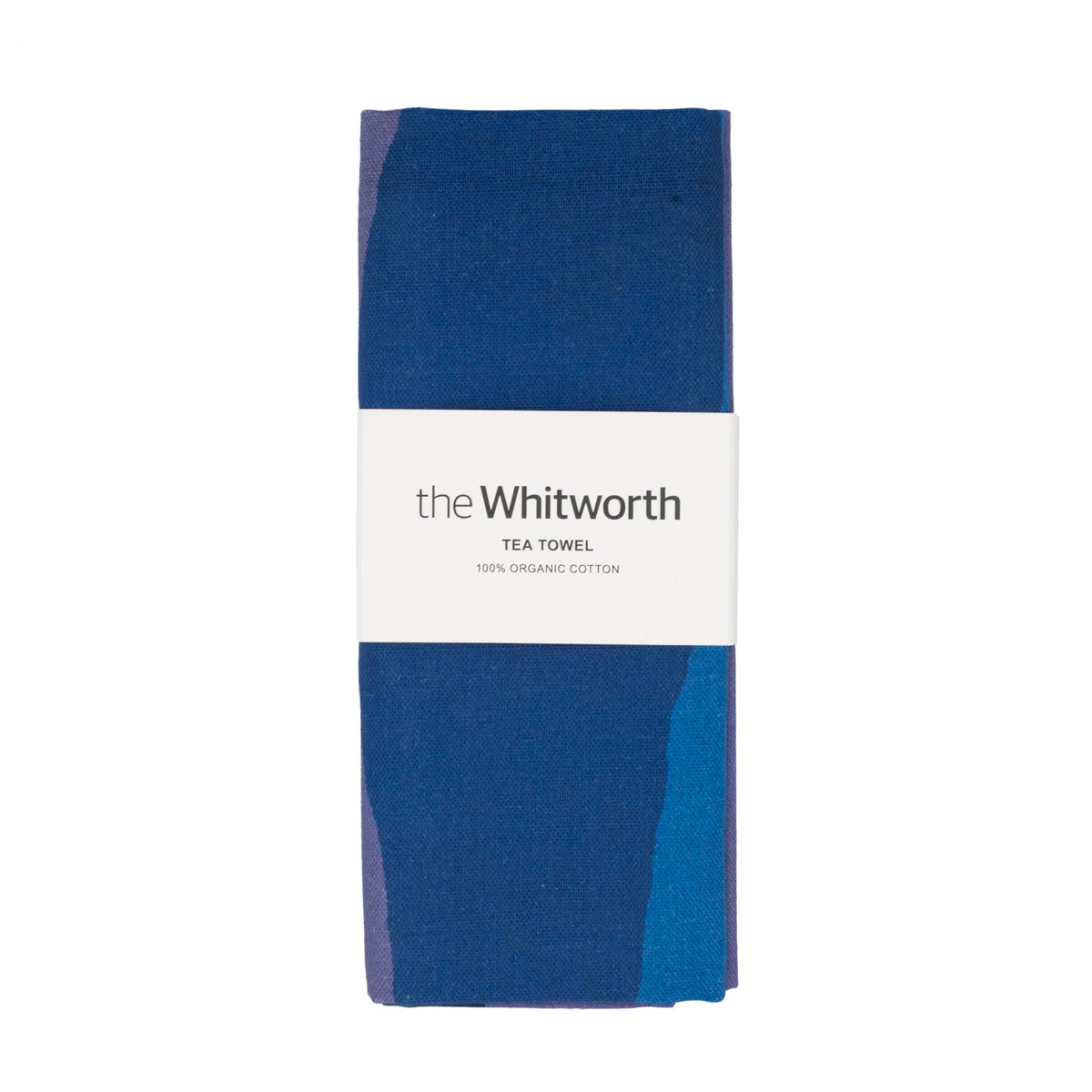 Blue tea towel folded with a Whitworth branded belly band