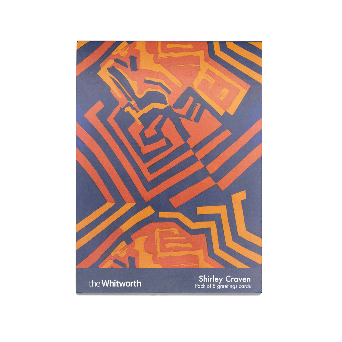 Front cover of a greetings card pack featuring a navy and orange geometric design by Shirley Craven.
