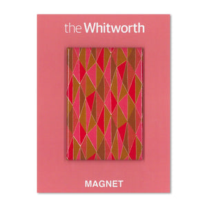 Magnet with a red and pink geometric design by Shirley Craven, against a pink branded backing card.
